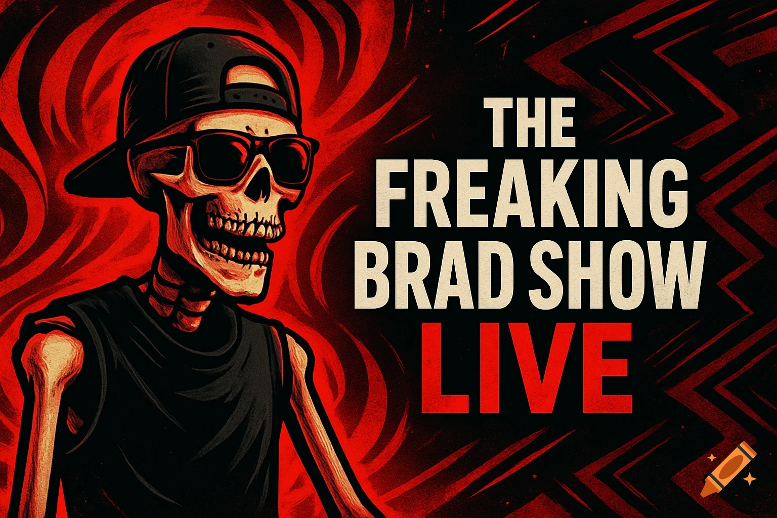 A stylized skeleton wearing a backwards ballcap and sunglasses with text 'THE FREAKING BRAD SHOW LIVE' on a red and black swirl background.