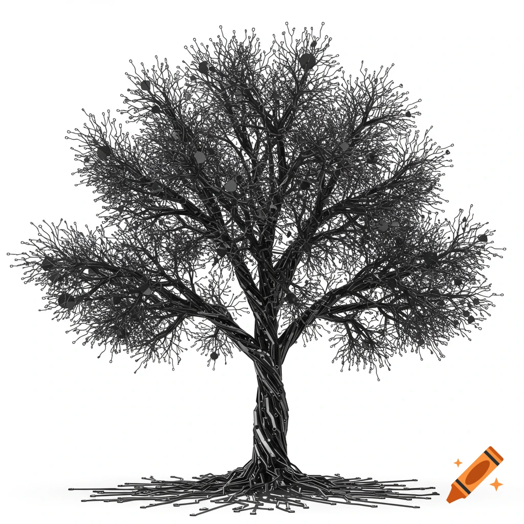 A black and white tree made of intricate circuit board pathways and small components.