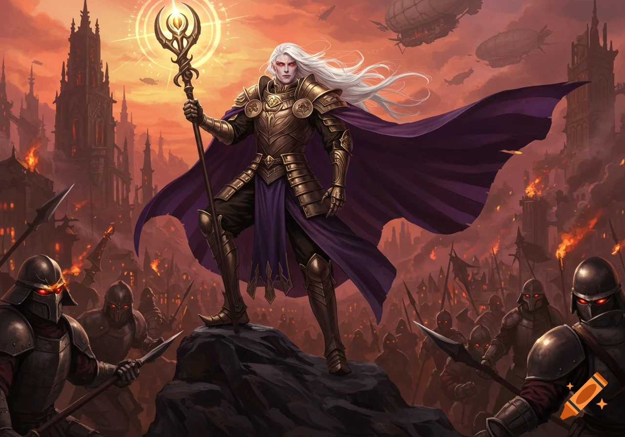 An elegant, androgynous fantasy warlord in golden armor and purple cape stands on a rock, wielding a glowing staff, amidst armored soldiers and a burning gothic city with airships in an ethereal style.