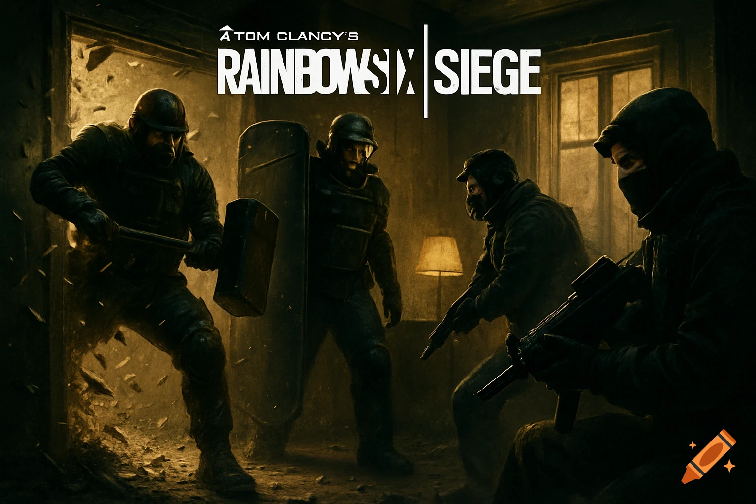 Four tactical operators, two breaking down a door and two aiming weapons, in a dark, debris-filled room. 'Rainbow Six Siege' logo.