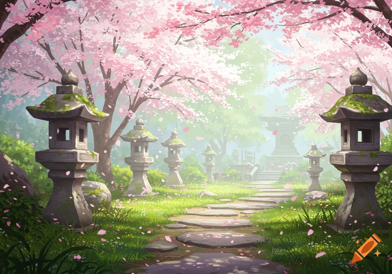 A serene Japanese garden path winds through vibrant green grass, flanked by stone lanterns and abundant pink cherry blossom trees with falling petals.