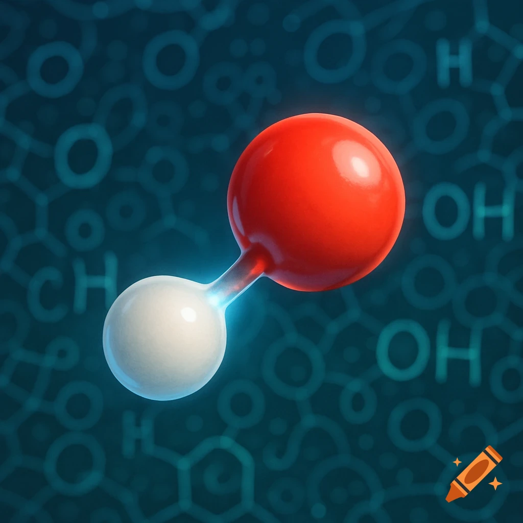 3D illustration of a red oxygen atom bonded to a white hydrogen atom, forming a hydroxyl group, against a dark blue background with blurred chemical formulas.