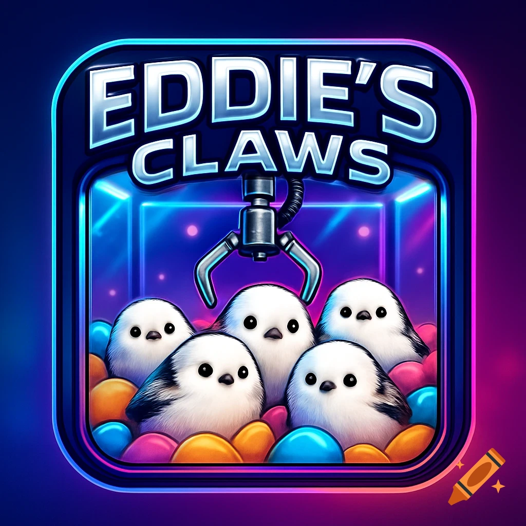 A vibrant logo for 'Eddie's Claws' claw machine game, featuring fluffy white birds inside with colorful candies and a robotic claw.