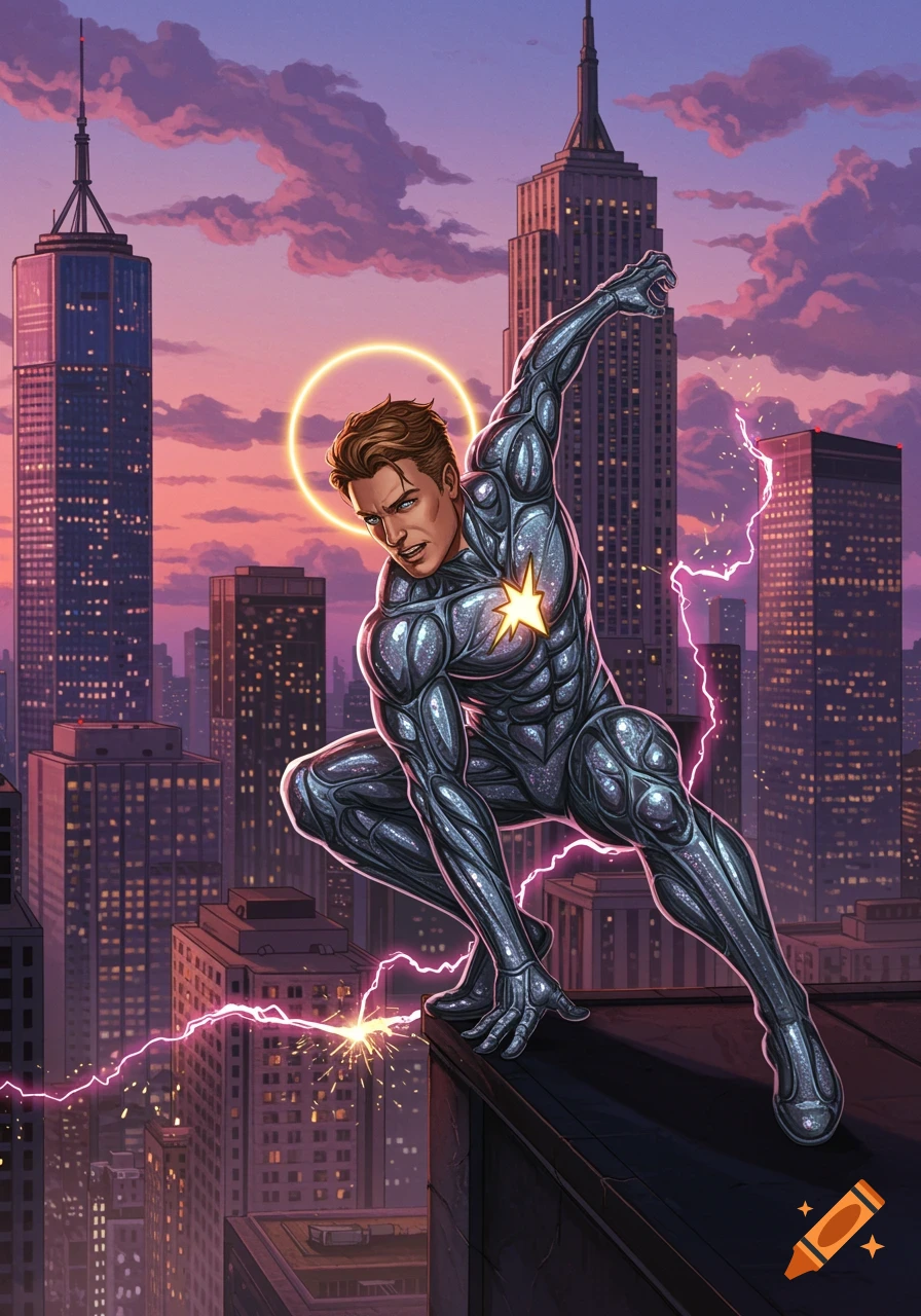 A comic book style male superhero in a silver suit with a star emblem crouches on a city rooftop at sunset, with lightning.