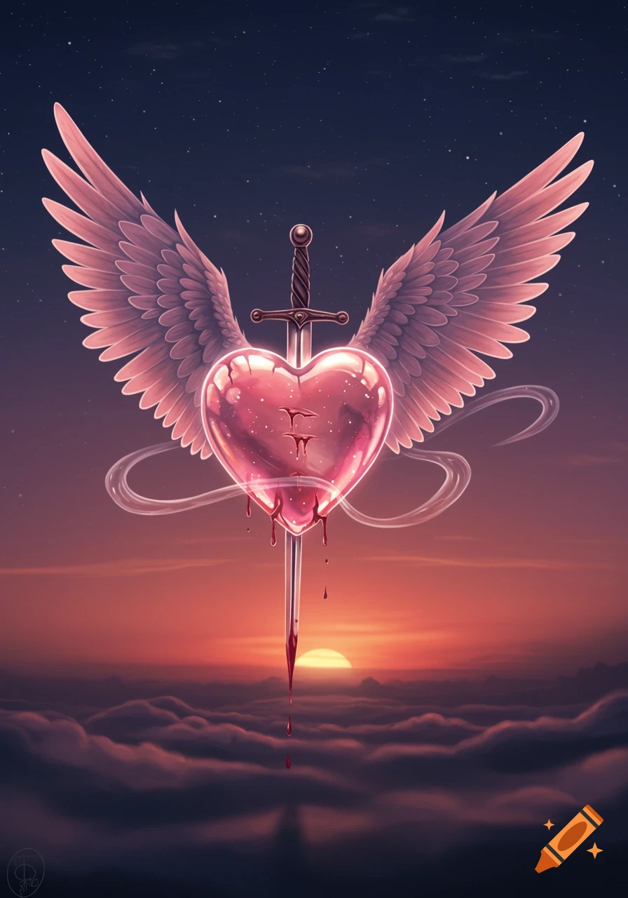 A stylized glowing heart with pink wings, pierced by a sword, drips red liquid above clouds at sunset.