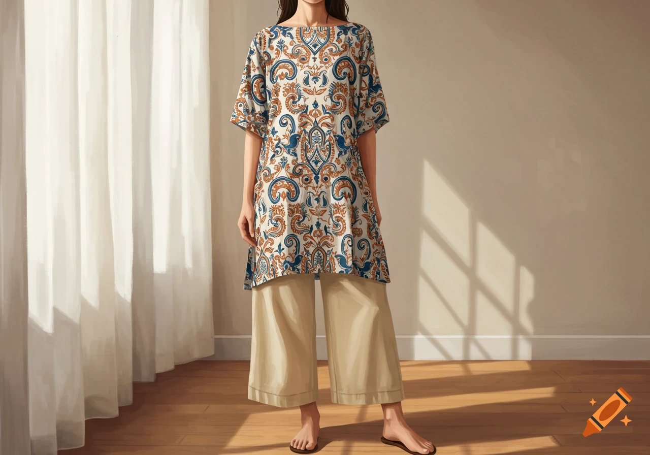 A woman wearing a patterned boat-neck tunic and beige wide-leg pants stands in a bright room with a white curtain.