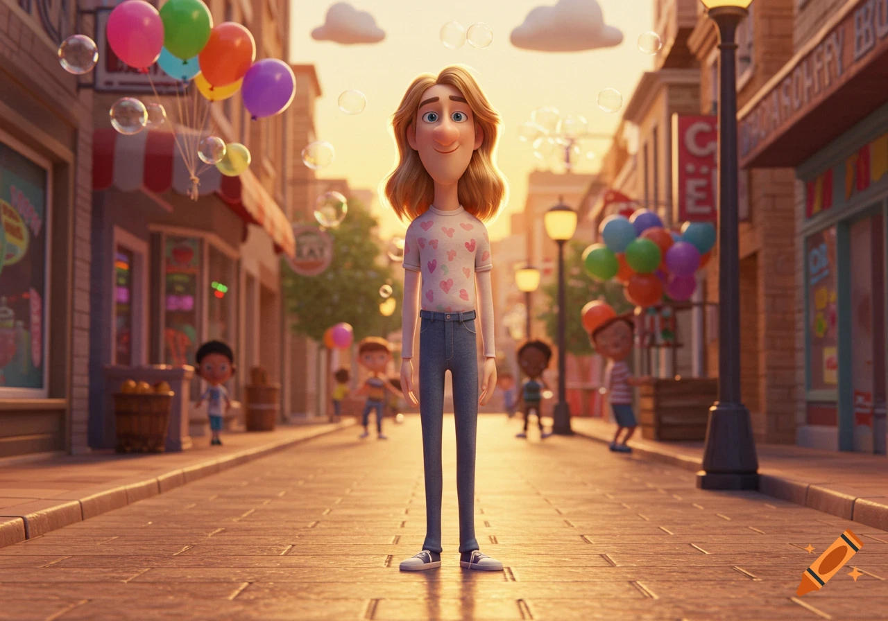 A tall, skinny cartoon character with blond hair and a large nose stands in the middle of a sunny cobblestone street filled with bubbles, balloons, and other children, in a Pixar-like style.