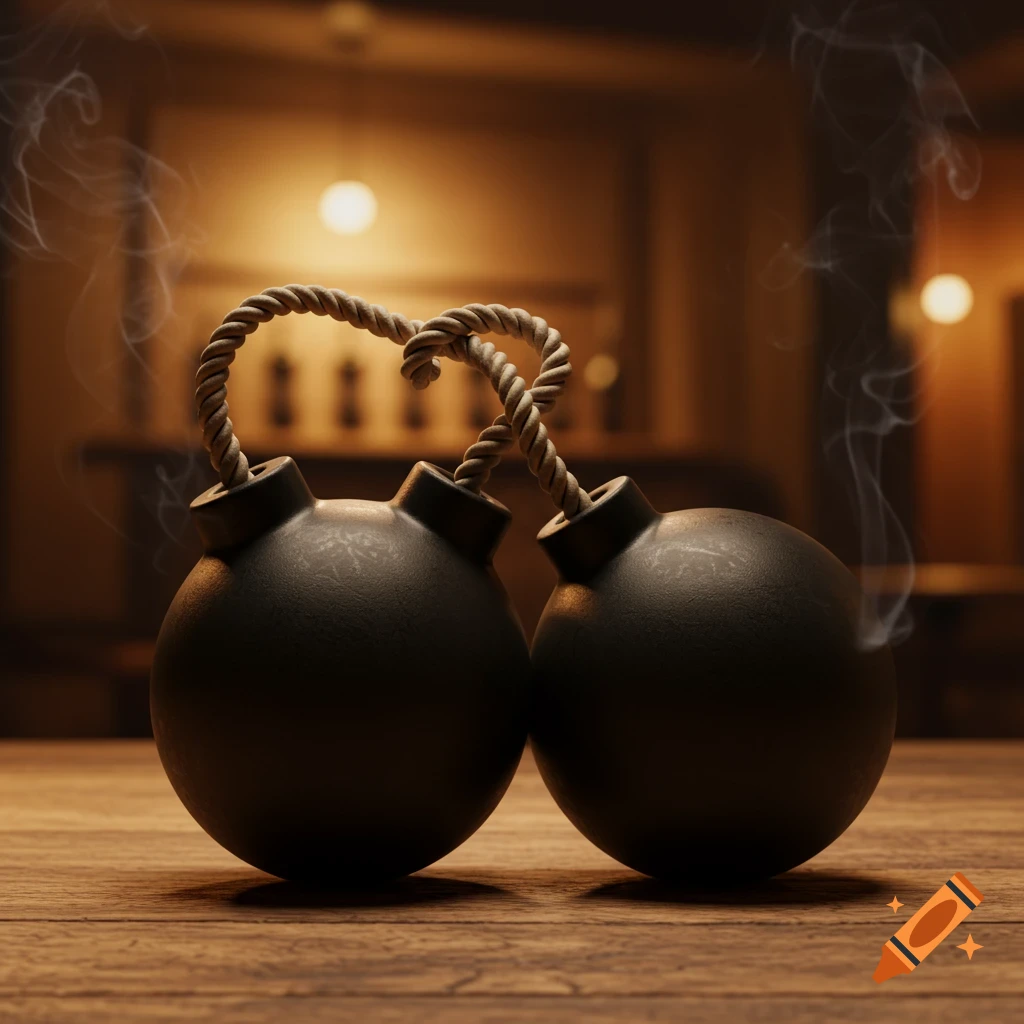 Two cartoonish black bombs with their wicks tied into a heart shape, smoking, on a wooden table.