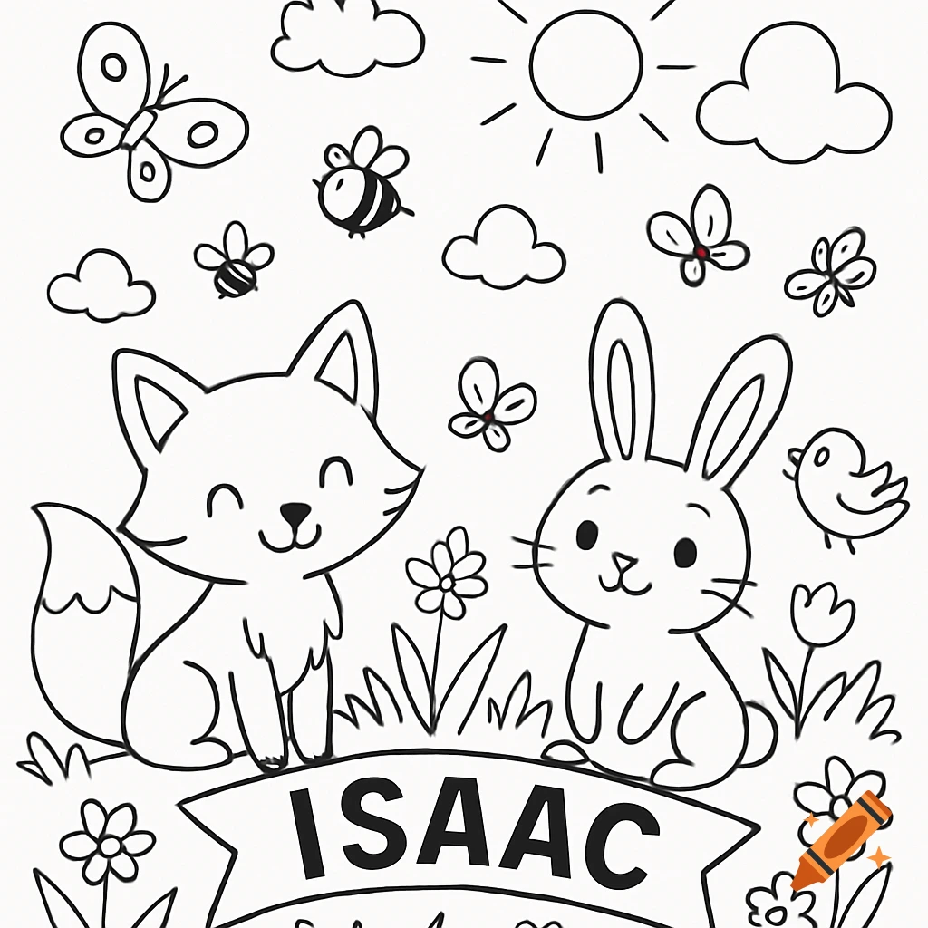 A line art coloring page featuring a smiling fox and a bunny surrounded by flowers, bees, butterflies, clouds, and a sun, with the name ISAAC on a banner.