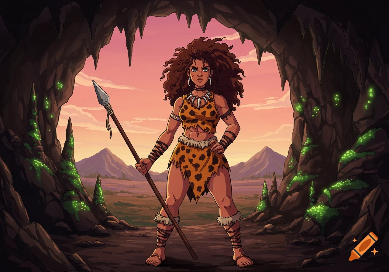Anime-style drawing of a powerful cavewoman holding a spear, standing in a cave entrance with a sunset sky behind her.