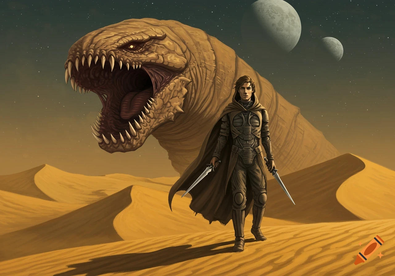 A painted style art of Paul Atreides holding two crysknives, standing in a desert with dunes, a large sandworm, and two moons in the sky.