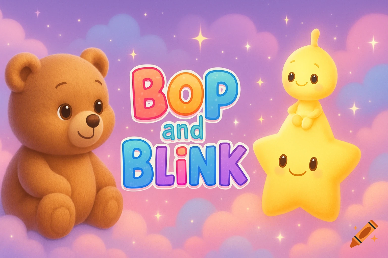 A fluffy brown teddy bear and a tiny yellow character on a smiling star against a pastel sky with clouds and stars. The text 'Bop and Blink' is in the center.