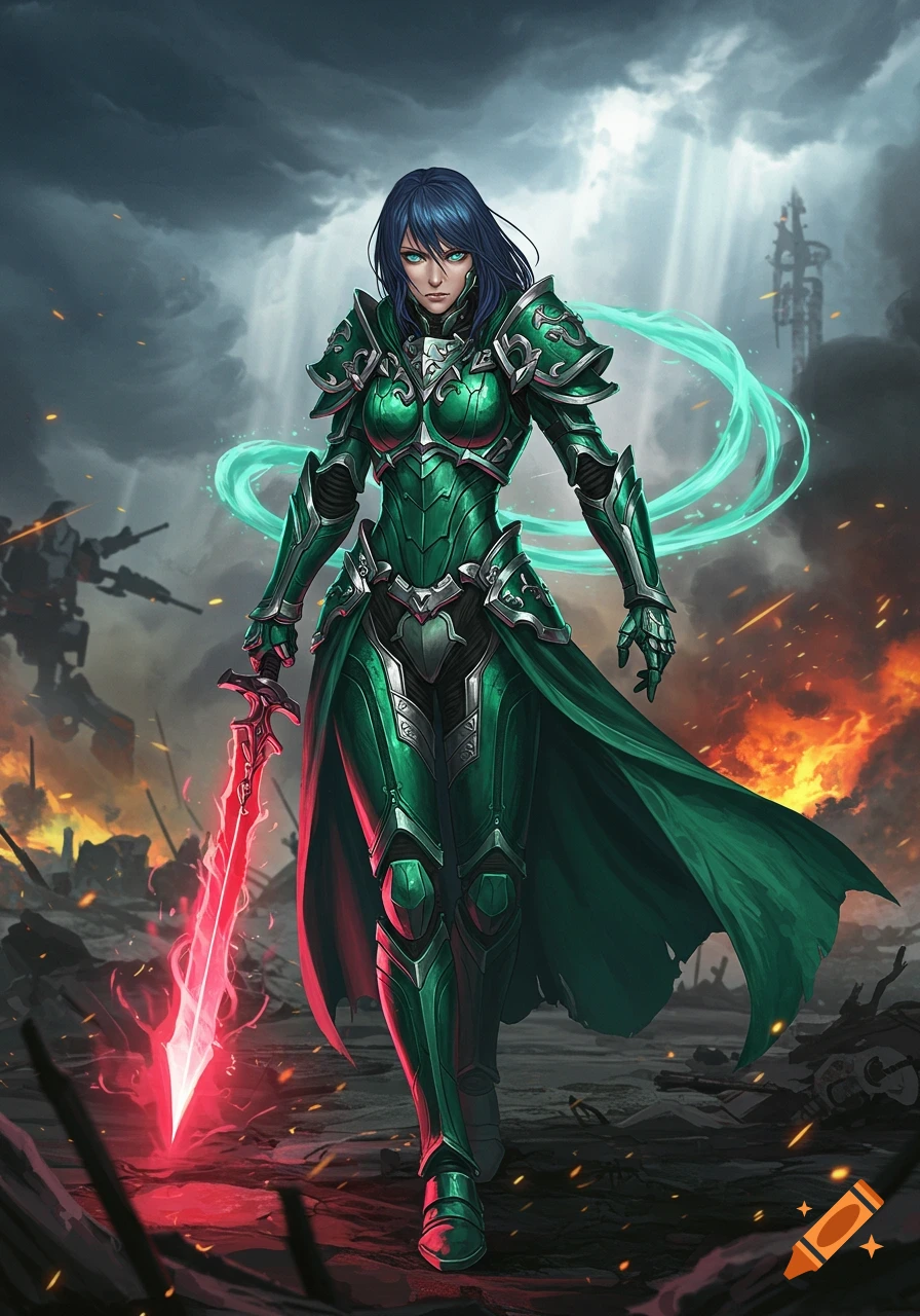 Anime-style female warrior in green armor holding a glowing red sword, walking through a smoky battlefield.
