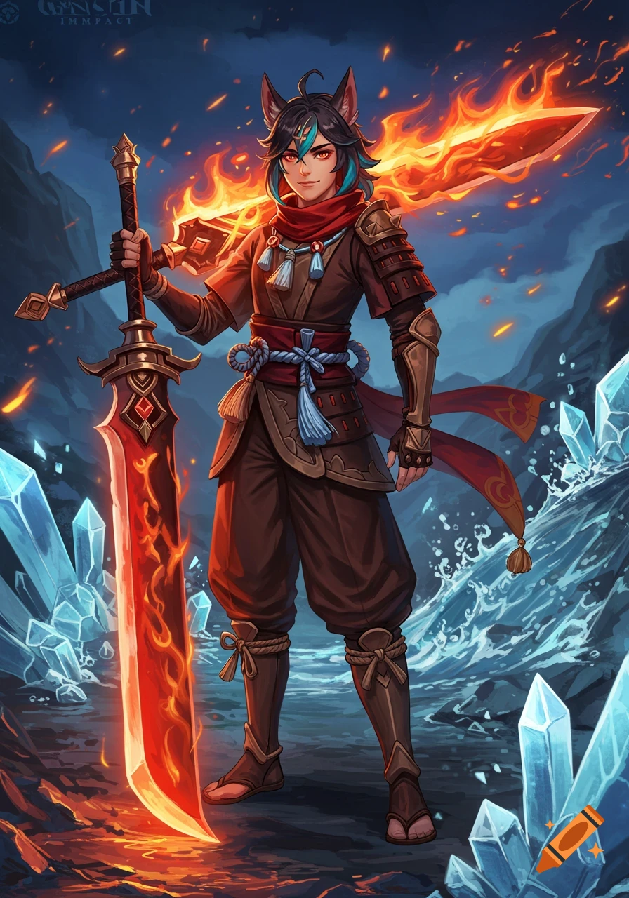 Anime-style character with animal ears and a red scarf, holding a large flaming sword in a landscape of fire and ice crystals.
