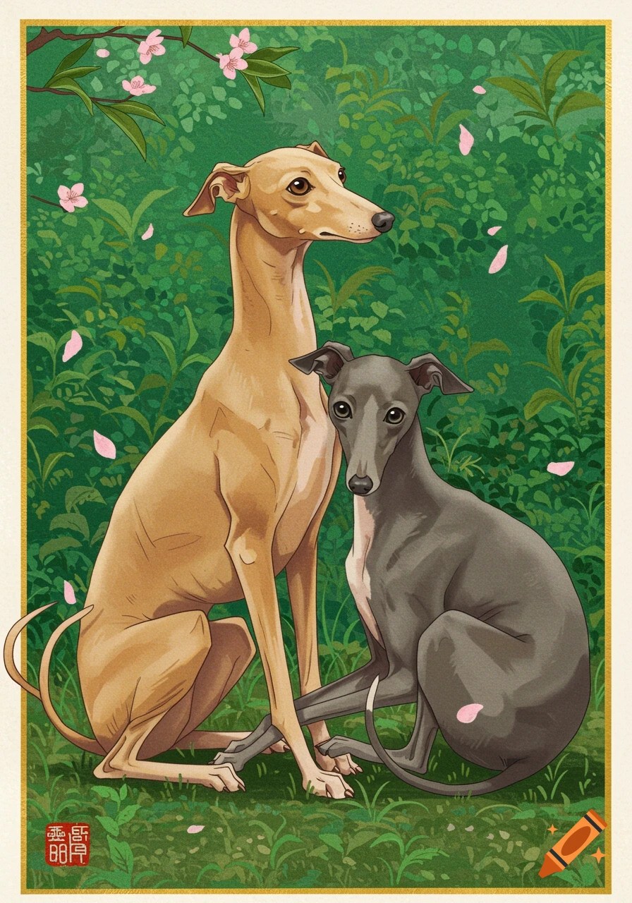 Two greyhounds, one fawn and one grey, sit in a lush green setting with cherry blossoms and fallen petals, in a Hanafuda style illustration.