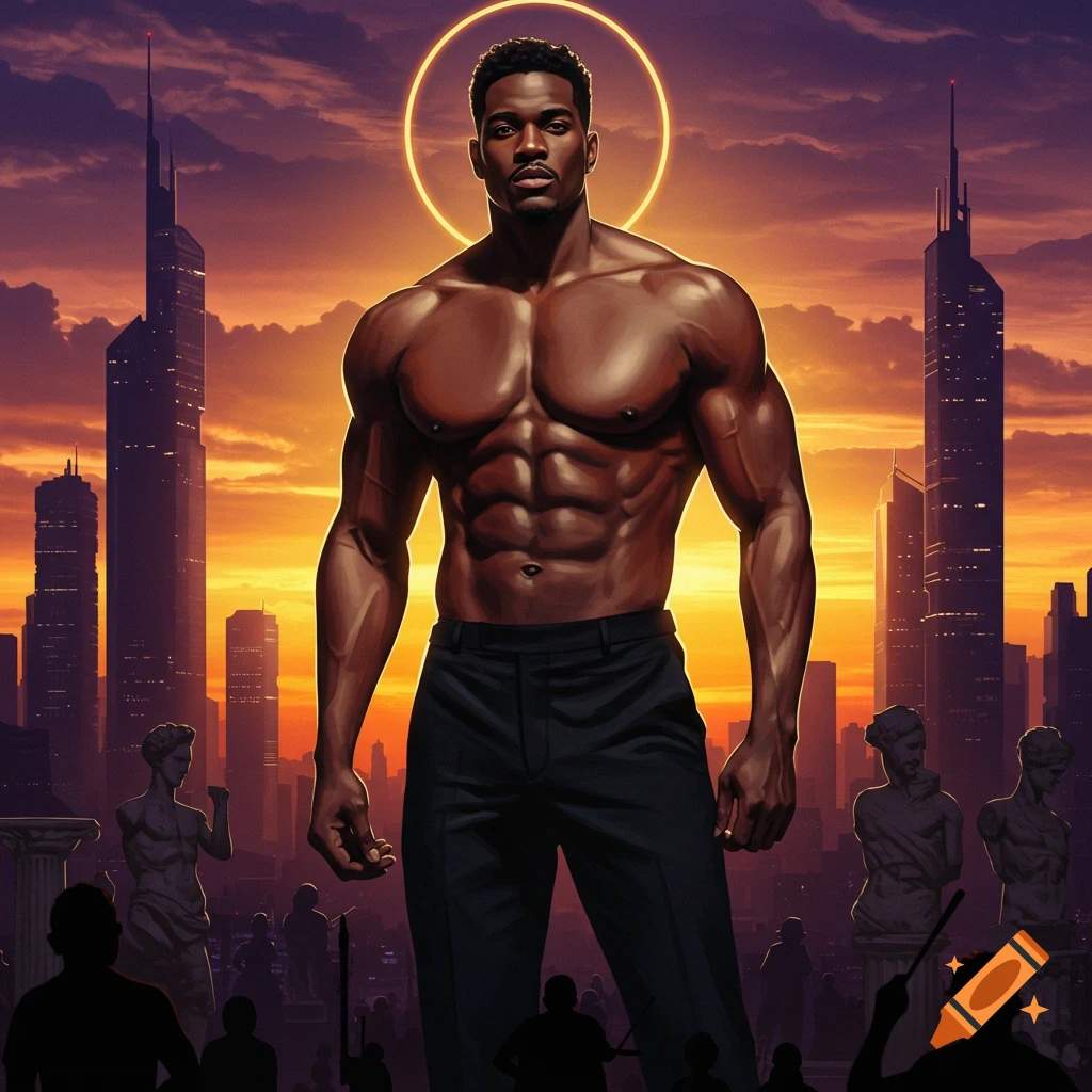 Muscular Black man with a glowing halo stands shirtless, wearing black pants, against a futuristic cityscape at sunset.