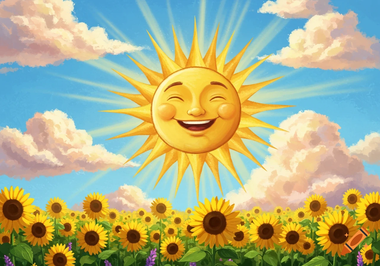 A cheerful, smiling sun shines brightly over a vibrant field of sunflowers under a blue sky with fluffy white clouds, in an illustrative style.