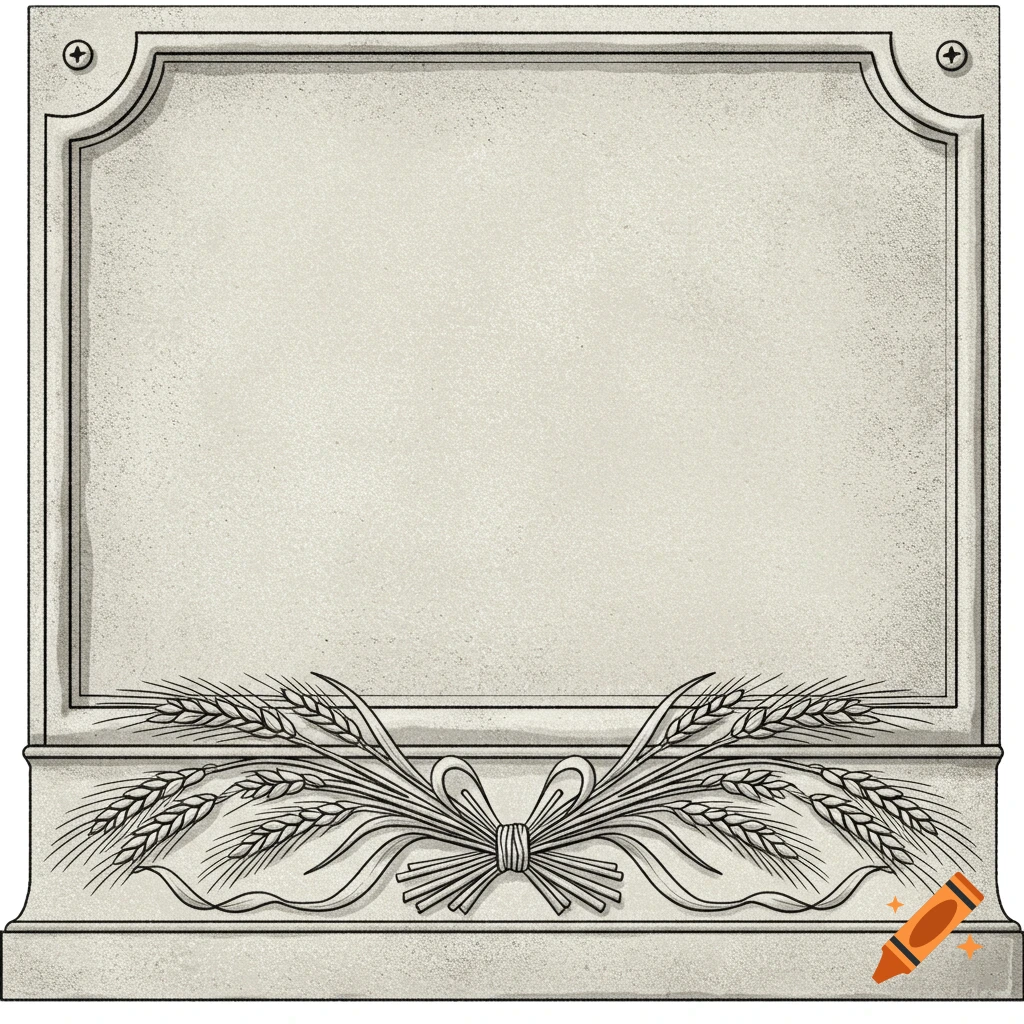 A line drawing of a memorial plaque with an ornate border and a decorative bundle of wheat sheaves at the bottom.