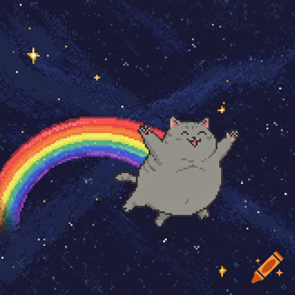 Pixel art of a chubby grey cat flying through a rainbow in outer space with stars.
