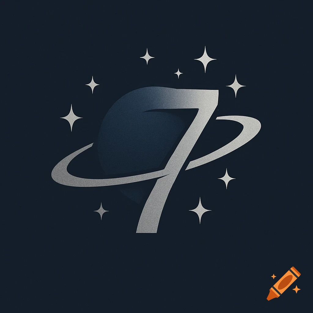 A stylized silver number 7 integrated with a planet and rings, surrounded by white stars on a dark blue background, forming a logo.