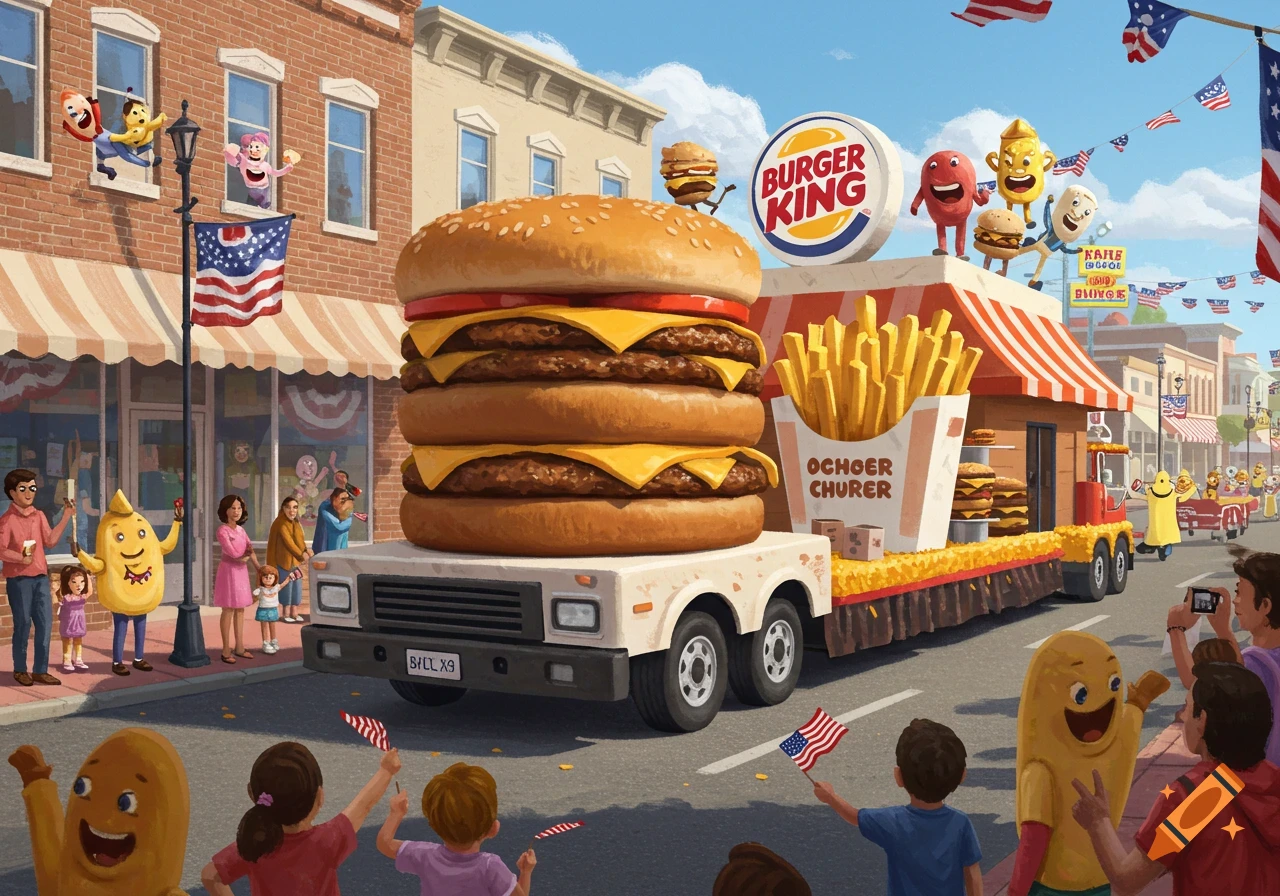 A colorful cartoon illustration of a Burger King parade float featuring a giant burger and fries, with characters and spectators in a small town.