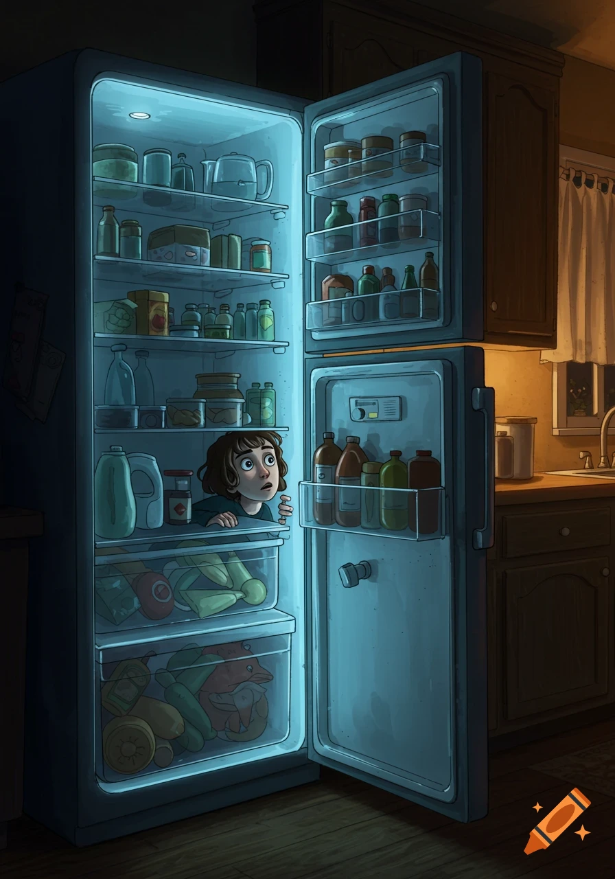 An illustration of a child hiding inside a brightly lit, full refrigerator in a dark kitchen at night.