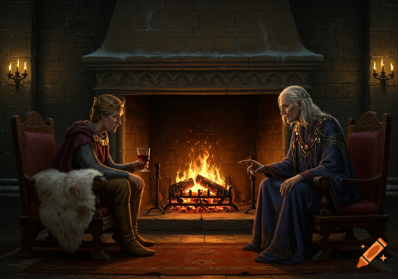 King Arthur and Merlin sit in regal chairs before a grand fireplace in a medieval stone hall, deep in conversation, in a detailed fantasy art style.