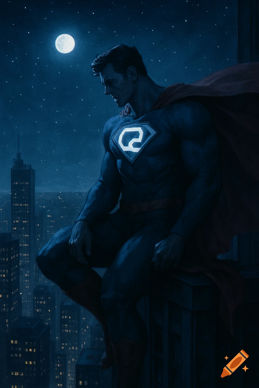 A contemplative Superman-like figure with a glowing 'QC' symbol sits on a skyscraper ledge, gazing at a dark cityscape under a full moon at night.