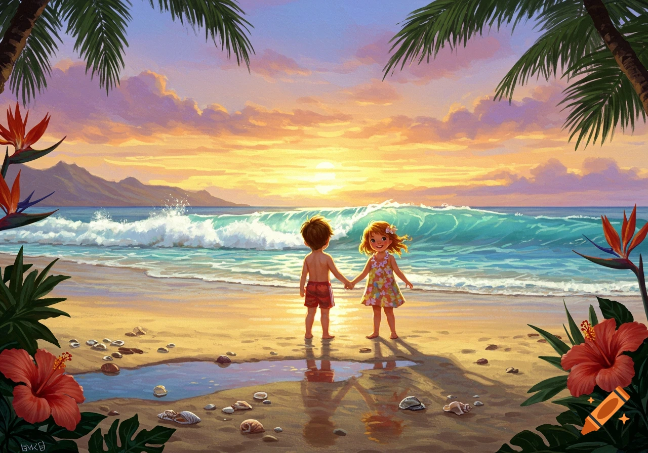 A little boy and girl hold hands on a vibrant tropical beach at sunset, in a painterly style.