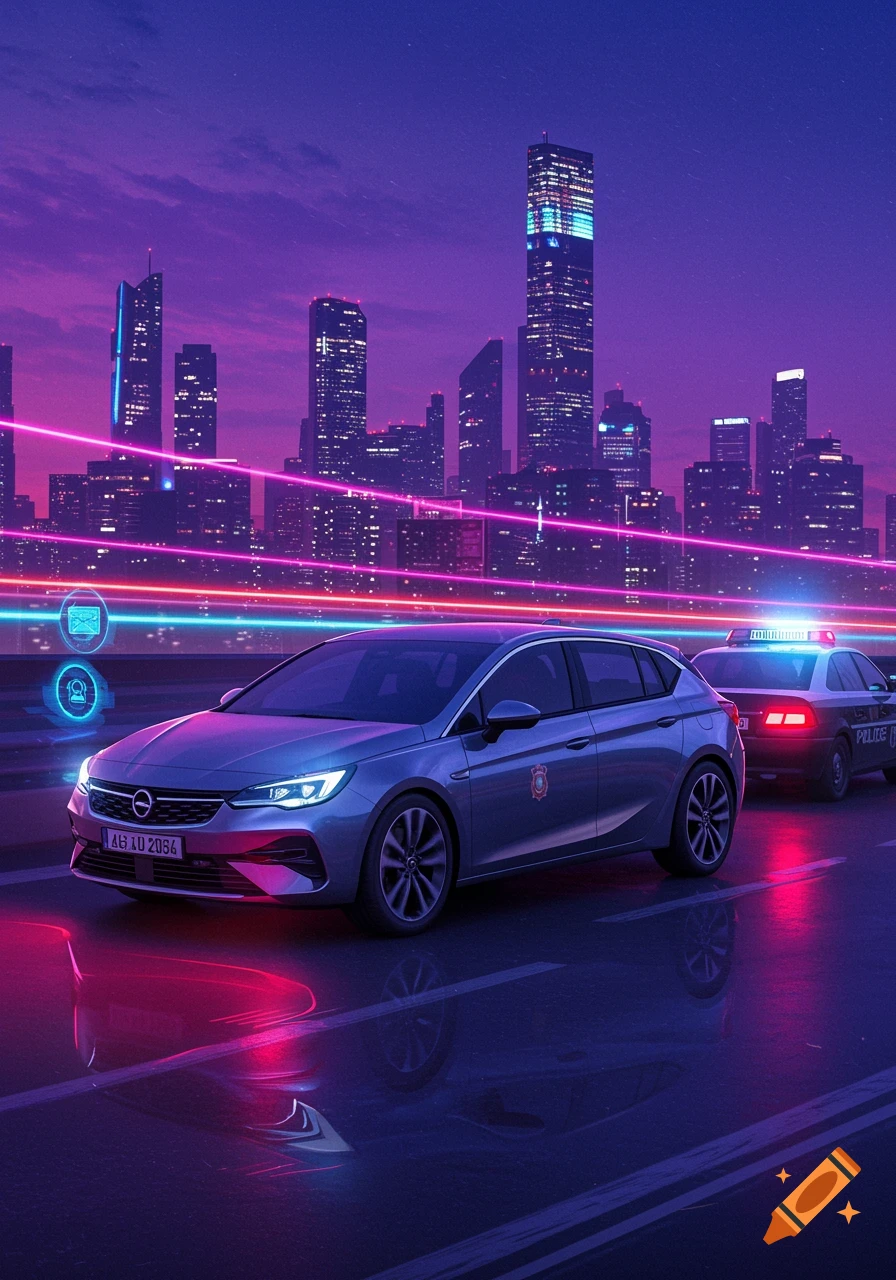 A silver car being pulled over by a police car on a futuristic city street at night, with neon pink and blue light trails and a glowing purple skyline.
