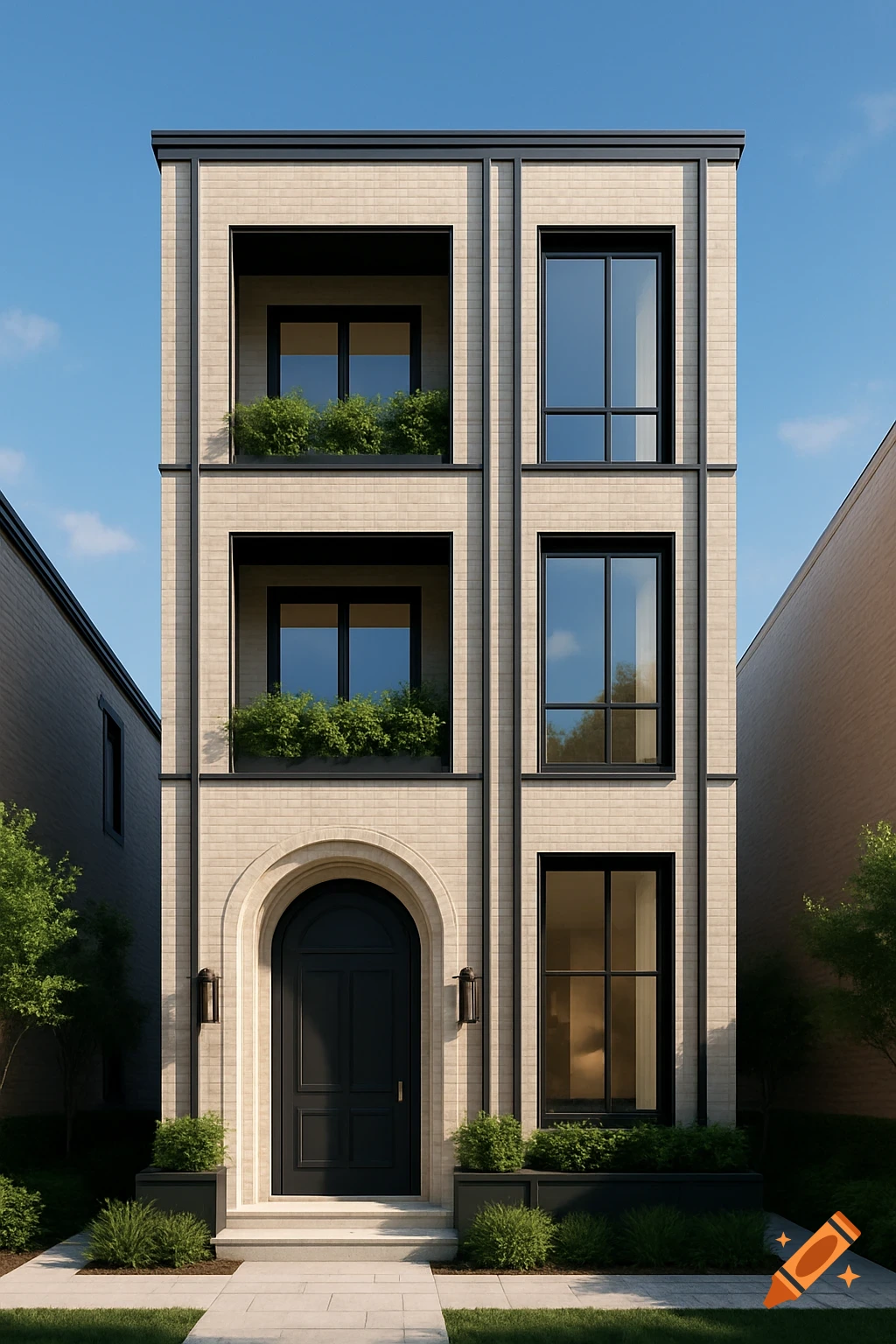 A modern three-story residential building with light brick and dark accents.