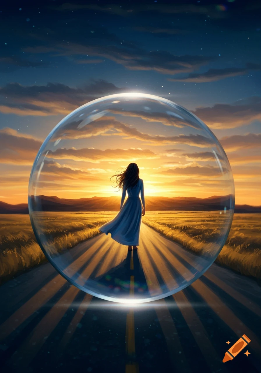 A woman in a long dress stands on a road, seen through a large clear bubble, against a vibrant sunset over fields.