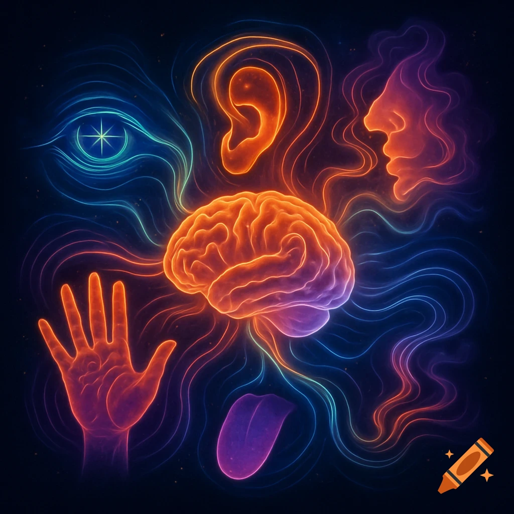 Abstract glowing illustration of a human brain connected by luminous lines to an eye, ear, nose, hand, and tongue on a dark background.