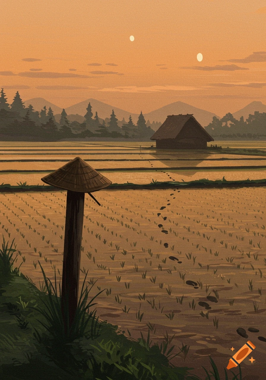 Woodblock abstract of a rice field at dusk with a straw hat on a post, footprints leading to a hut, and mountains.