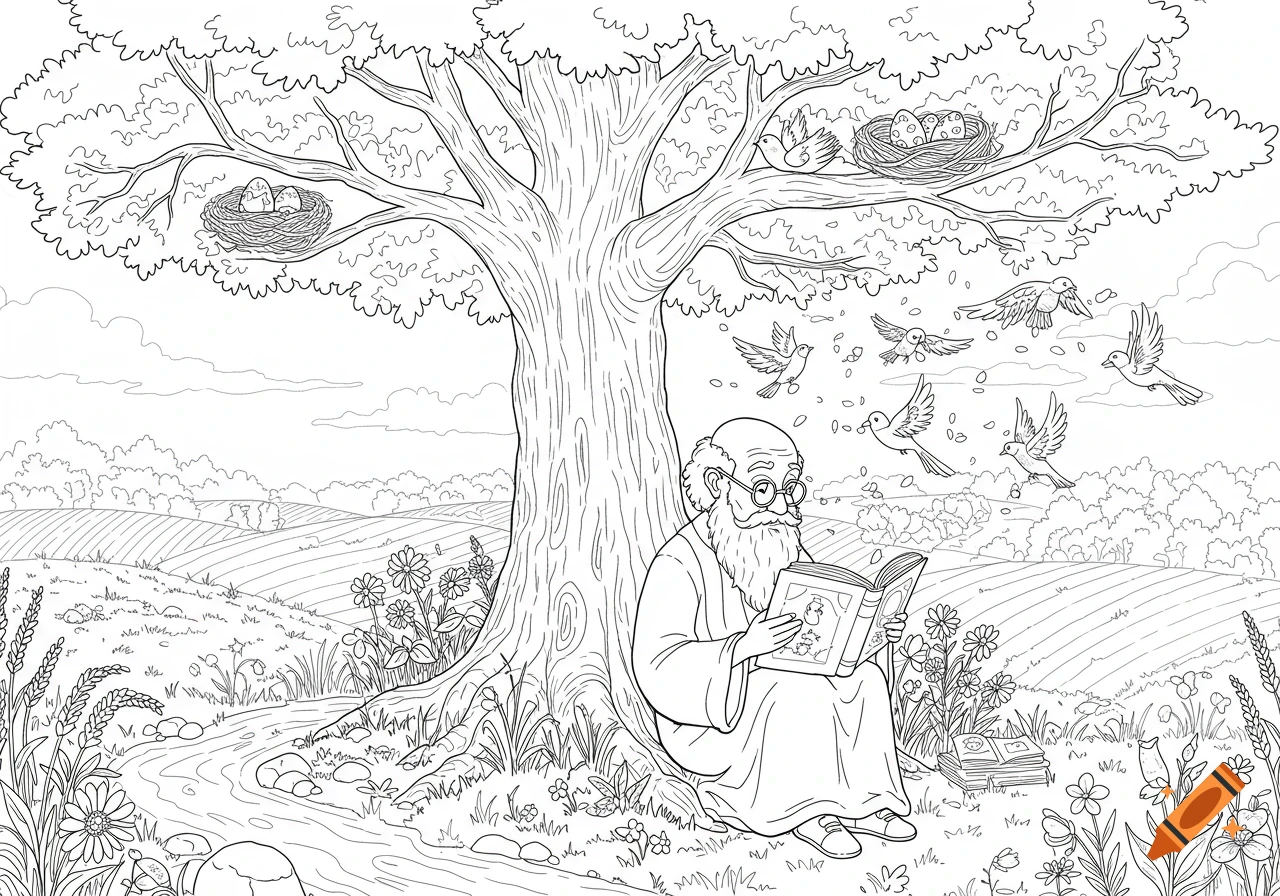 A black and white coloring sheet showing an old bearded man reading a book under a large tree with birds and nests in a field.