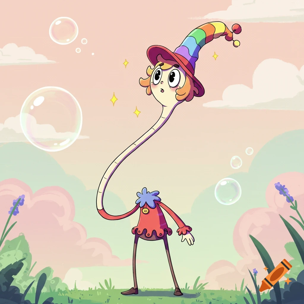 A whimsical cartoon character with a very long, thin neck and a colorful rainbow-striped wizard hat stands in a grassy field with bubbles floating around.