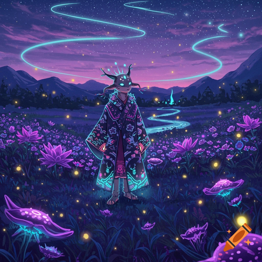 A fantasy creature in an ornate glowing robe stands in a vibrant purple field with glowing flowers under a starry night sky.