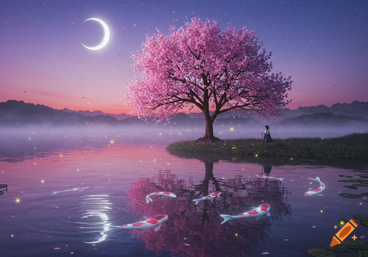 A vibrant pink cherry blossom tree stands by a moonlit lake with glowing koi fish and a person on the shore under a starry sky.