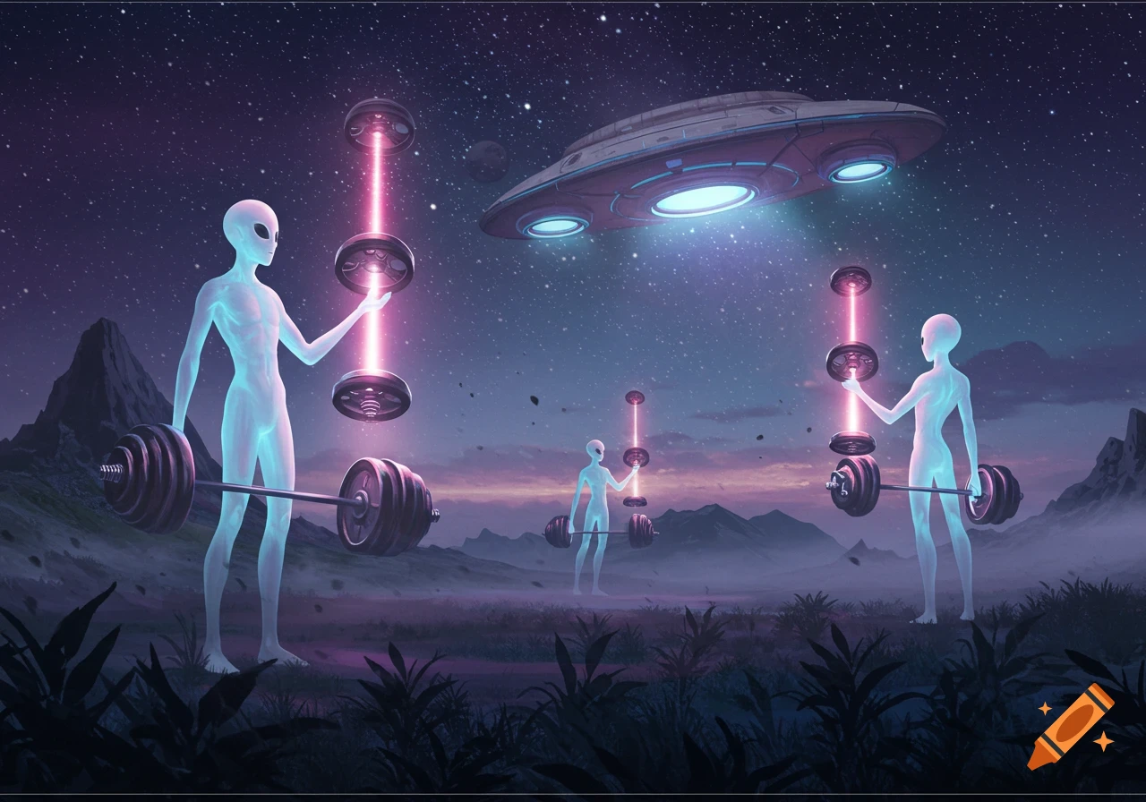 Glowing aliens beam up barbells and weights under a starry night sky, with a UFO hovering above a mountain landscape.