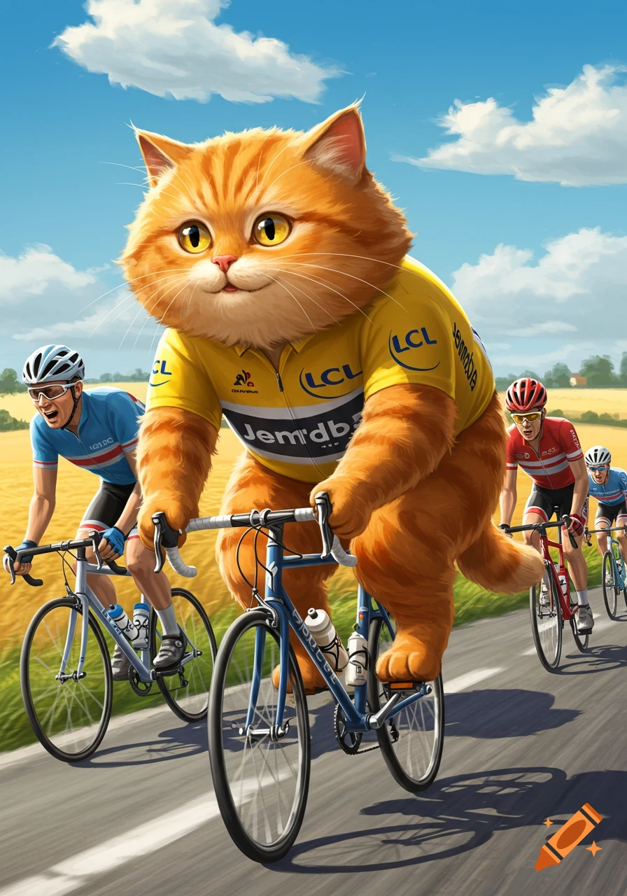 A large fluffy orange cat in a yellow Tour de France jersey rides a bicycle, leading human cyclists down a road in a sunny, rural landscape.