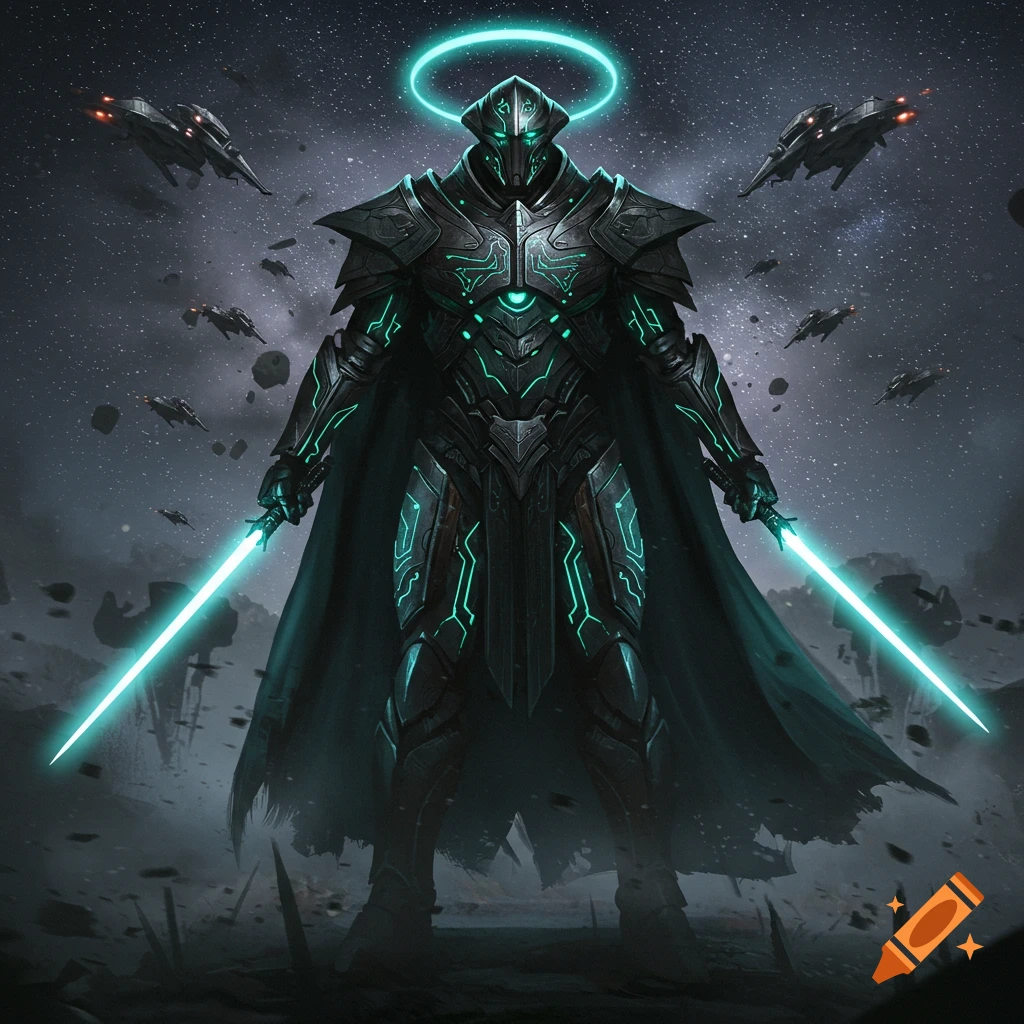 A futuristic armored warrior with a glowing halo and two lightsabers stands in space surrounded by spaceships and debris.