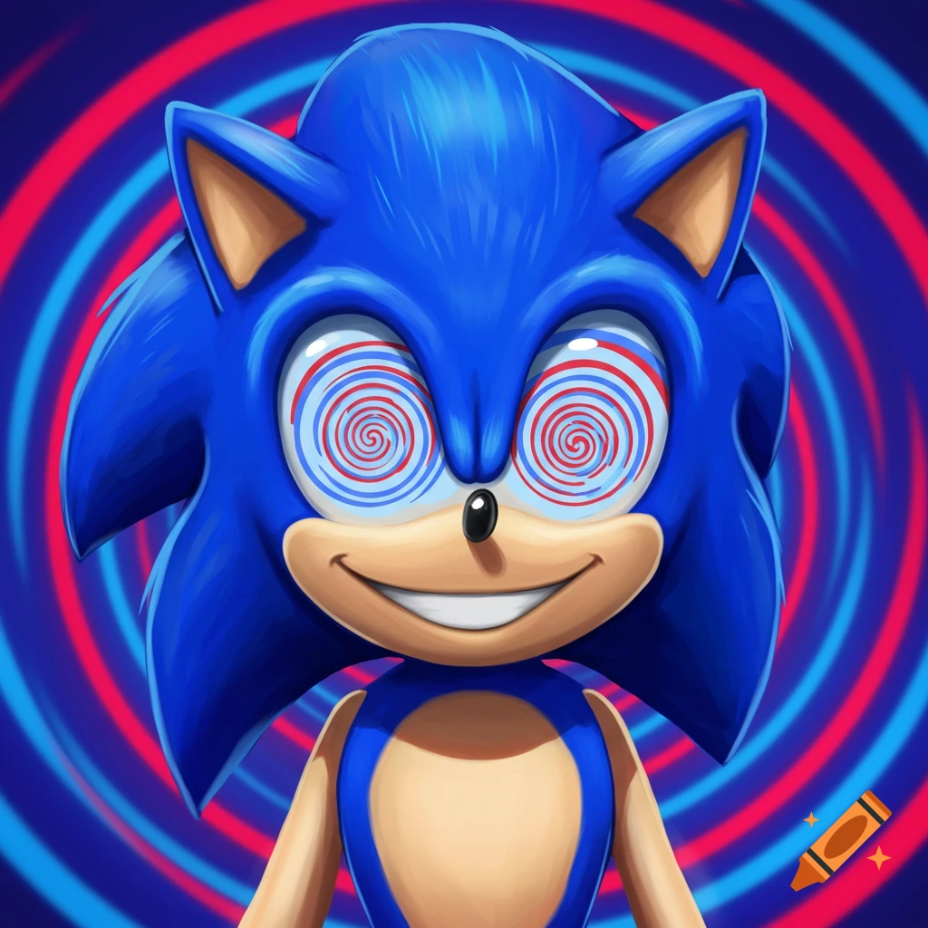 Close-up illustration of Sonic the Hedgehog with hypnotic red and blue spiral eyes, smiling, against a swirling blue and red background.