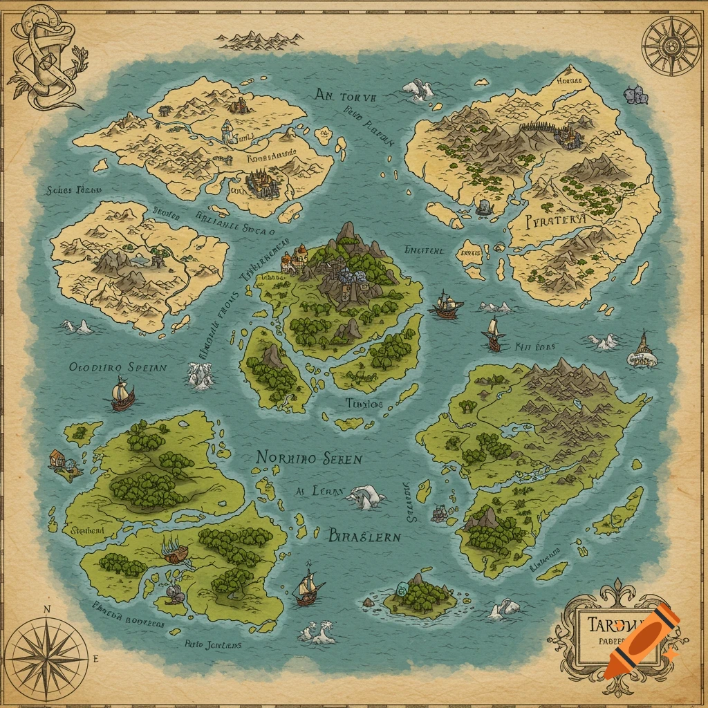 A vintage-style fantasy world map showing multiple islands, continents, and sea creatures with place names.