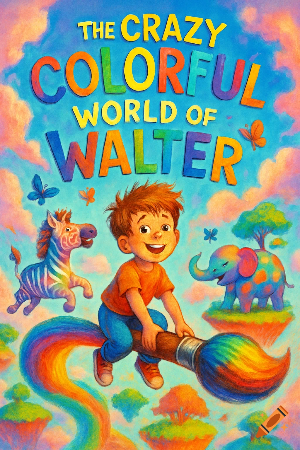 Colorful children's book cover with a boy on a giant paintbrush, rainbow trail, flying zebra, elephant, and floating islands.