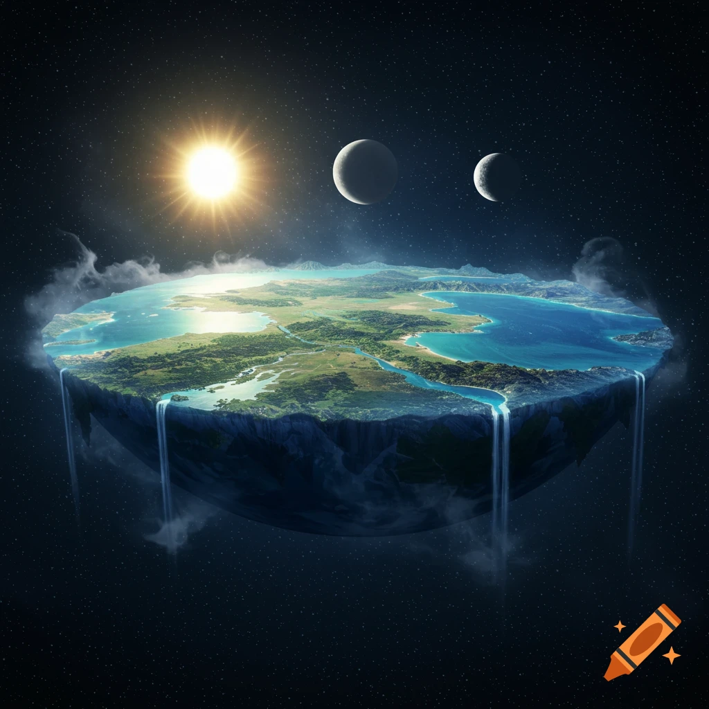 A vibrant, detailed flat earth floating in space with water cascading off its edges. A bright sun and two moons are visible against a starry background.