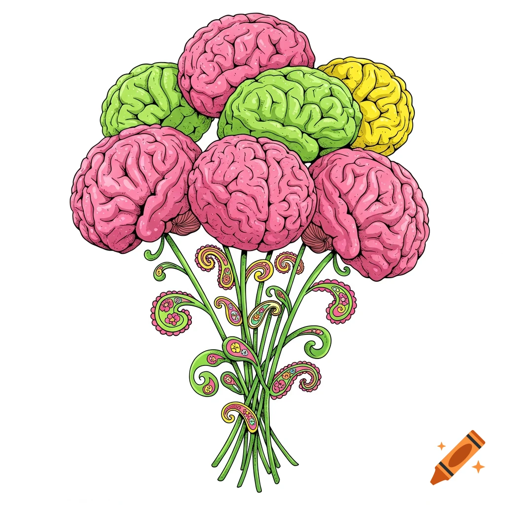 A colorful bouquet of pink, green, and yellow brains with paisley-patterned stems in an old-school 70s illustration style on a white background.