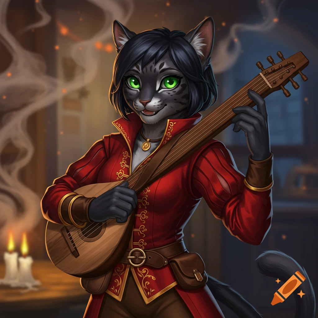 An illustration of a female tabaxi bard with black fur and green eyes, wearing a red jacket and playing a lute.