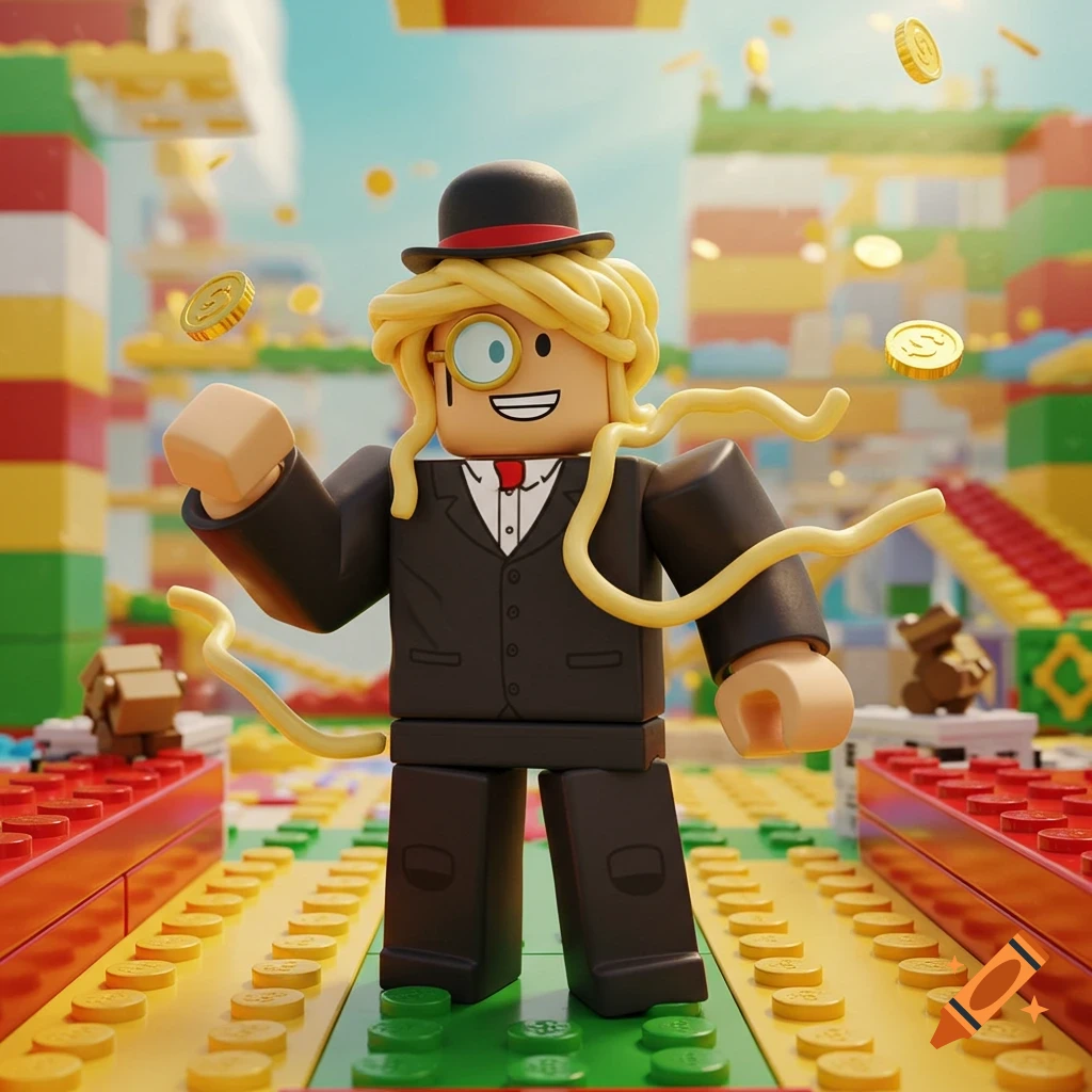 A Roblox-style character in a suit and bowler hat with noodle-like hair and a monocle stands on a Lego baseplate with gold coins floating around.