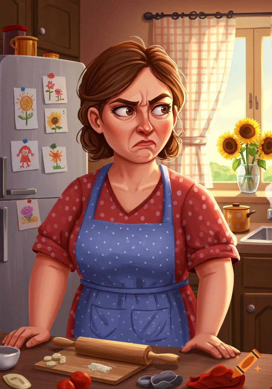 Cartoon illustration of a woman with a disgusted expression in a kitchen, standing over baking ingredients.