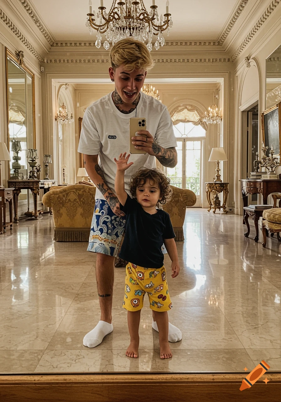 A blonde man takes a mirror selfie with a young boy in a grand mansion with chandeliers.